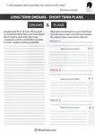 Long Term Dreams - Short Term Plans Worksheet by WiseGoals: A structured template for visualizing life goals and creating actionable short-term plans. Features sections for imagining life in 20 years, ranking ideas by importance and order, and focusing on top priorities with actionable steps. Ideal for goal setting and personal development in 2025