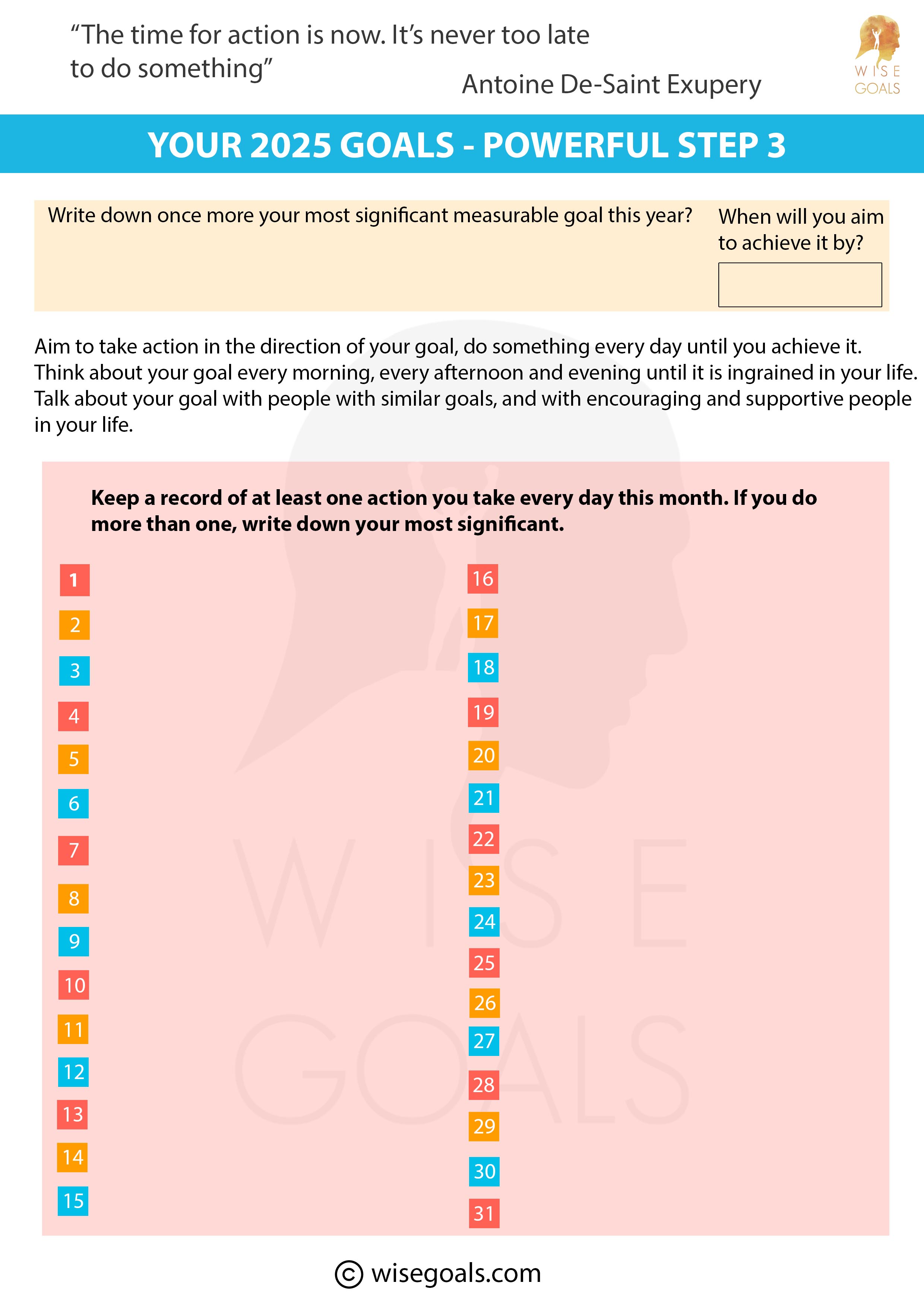 2025 goals planning worksheet to track daily progress toward a measurable goal. Features motivational quote, a goal section, and daily action tracking for the month to encourage consistent goal progress