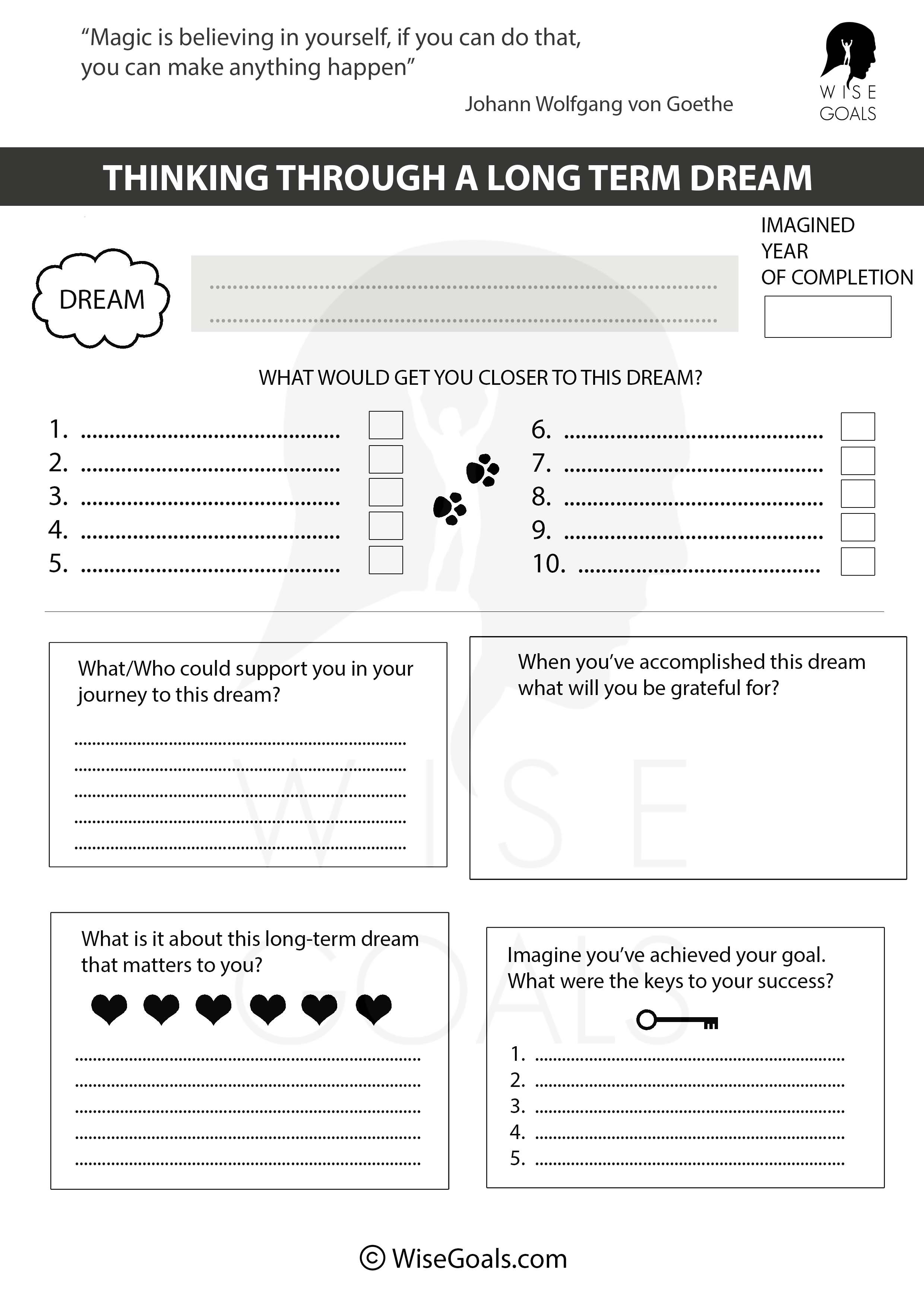 Thinking Through a Long-Term Dream Worksheet by WiseGoals: A goal-setting template designed to help visualize and plan long-term dreams. Includes sections for listing steps to achieve the dream, identifying support systems, reflecting on the importance of the dream, and imagining success. Perfect for personal development and goal setting in 2025