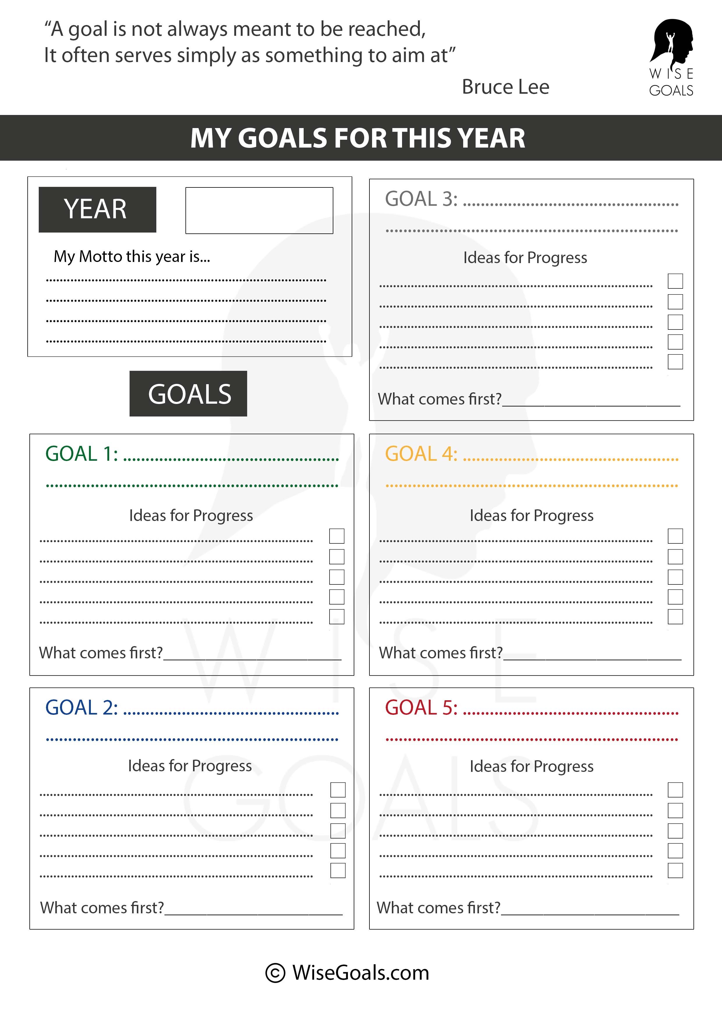 Annual Goal Planning Worksheet by WiseGoals: A structured template for setting and achieving yearly goals. Features sections for creating a yearly motto, brainstorming ideas for progress, and outlining the first steps toward success. Designed to help users stay focused, motivated, and organized throughout the year. Ideal for comprehensive goal setting in 2025