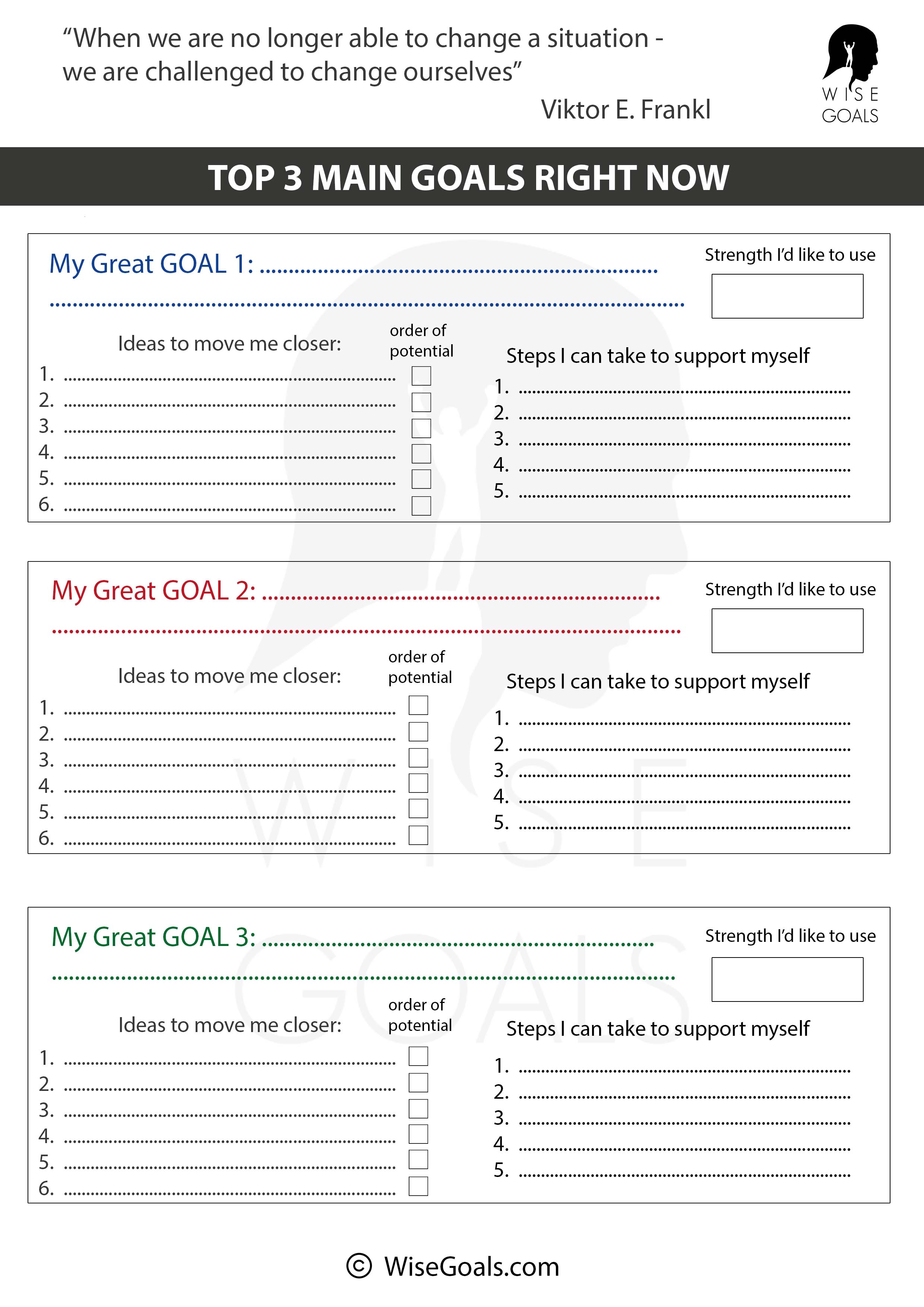 Short-Term Goal Planning Worksheet by WiseGoals: A goal-setting template focused on achieving three short-term goals with a positive psychology approach. Includes sections for identifying personal strengths, steps to support oneself, and a prioritized list of ideas based on their potential impact. Perfect for focused, strengths-based goal setting and personal development in 2025