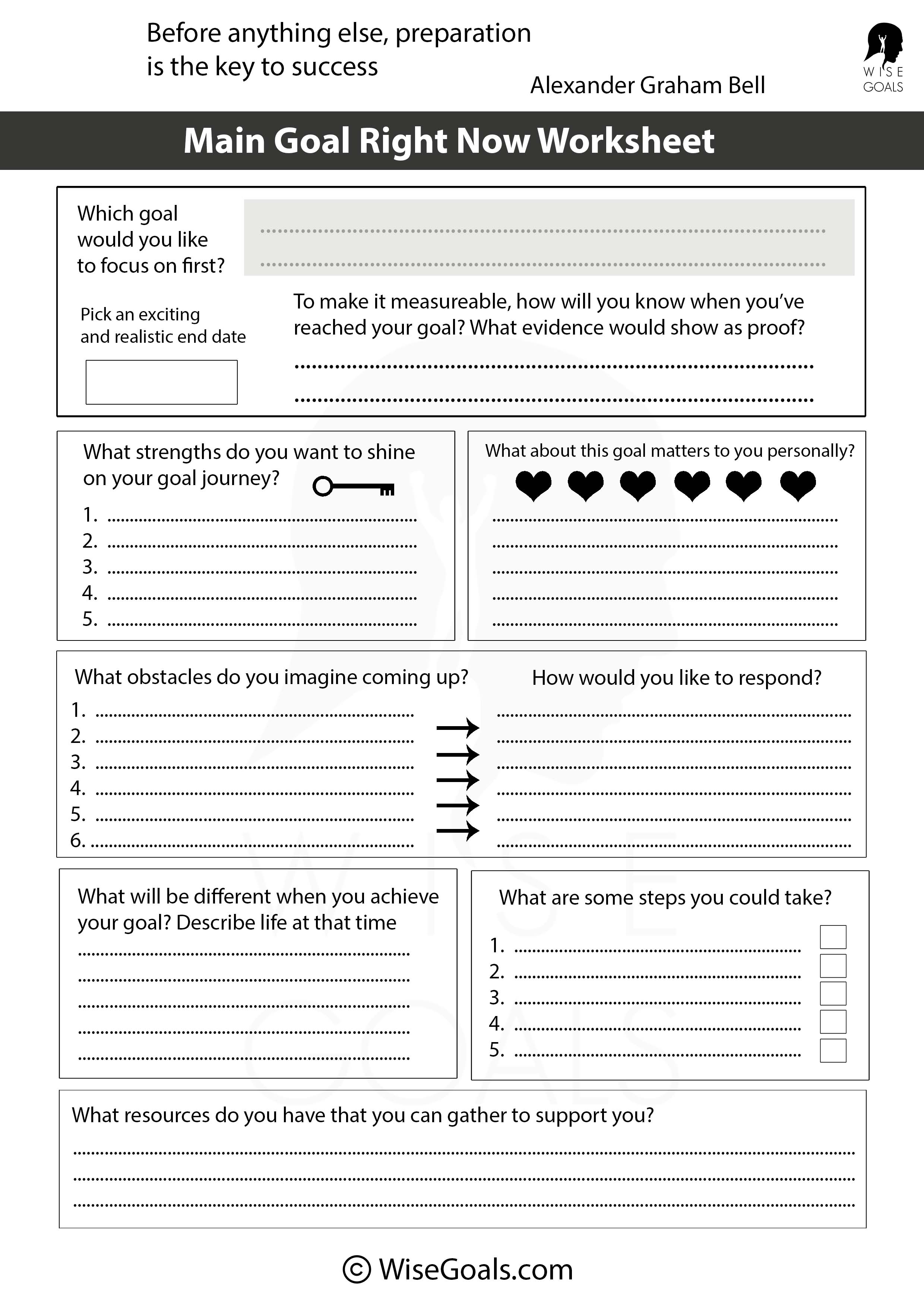 Detailed Single Goal Planning Worksheet by WiseGoals: A comprehensive template for deep-diving into a single goal. Features sections on the meaning of the goal, identifying strengths, anticipating obstacles and planned responses, visualization techniques, and more. Ideal for in-depth, focused goal setting and personal growth in 2025