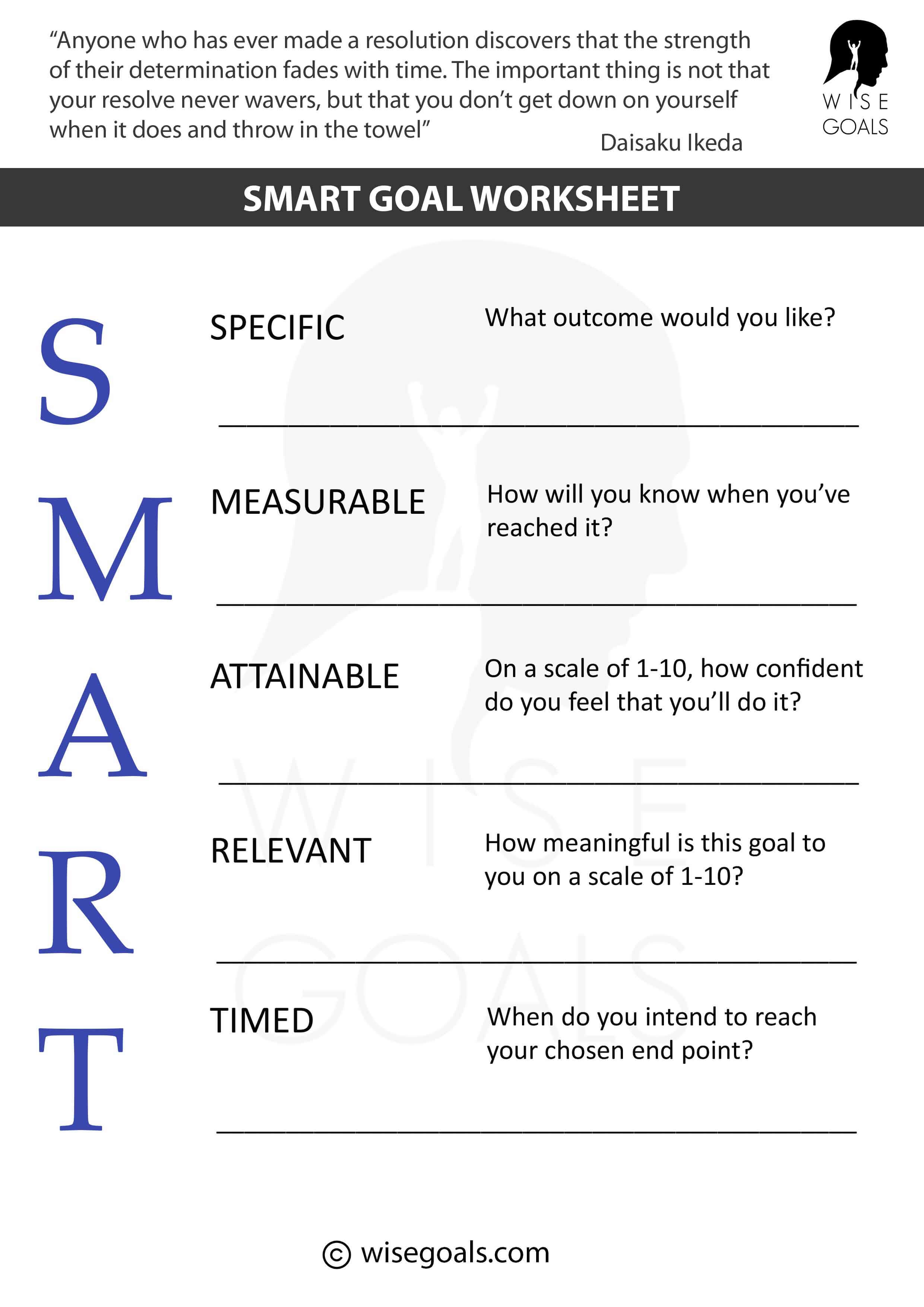 SMART Goal Worksheet by WiseGoals: A detailed template for setting Specific, Measurable, Attainable, Relevant, and Timed goals. Includes prompts for defining outcomes, measuring success, assessing confidence, and setting a timeline. Perfect for structured goal setting and personal development in 2025.